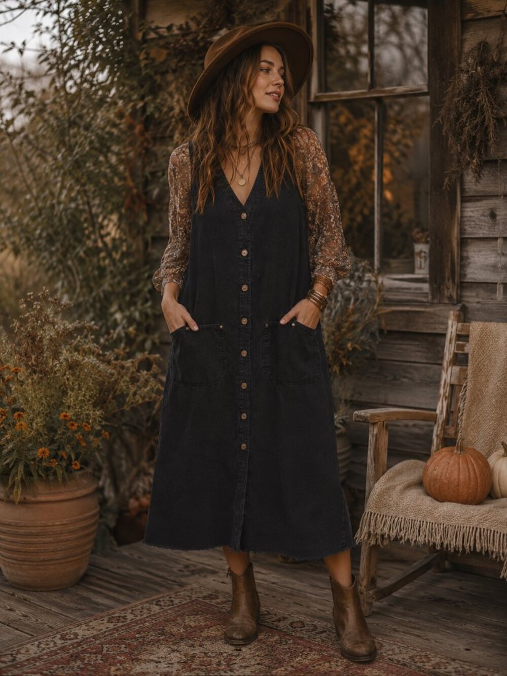Vintage Black Denim Button Front Jumper Dress